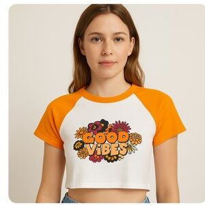 Orange Kiss brand orange & white ribbed 70's style cropped "good vibes" SZ SM